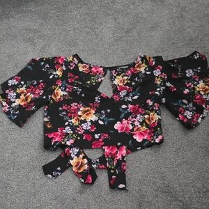 Express Black Floral Tie-Back Crop Top with Pink & Yellow Blooms